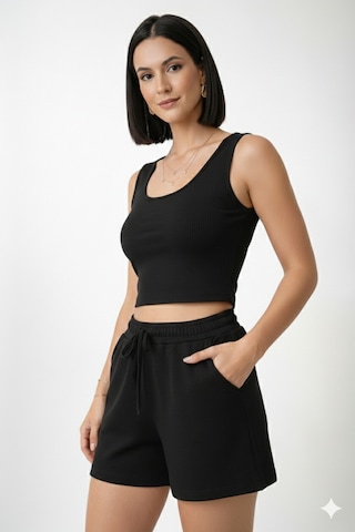 Trend Alisse Kadın Beli Lastikli Siyah Şort Crop Alt Üst İkili Takım