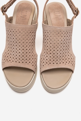 Luvishoes Jadıra Bej Süet Hakiki Deri Delikli Kadın Dolgu Topuklu Sandalet