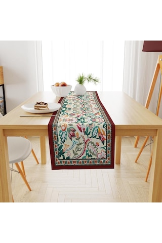Colorful Leaves Runner 140x45cm Ince Keten, Uluslararası Yıkama Ve Solmama Sertifikası Çok Renkli