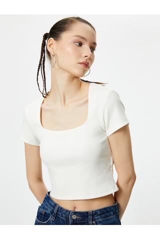 Koton Sırt Dekolteli Tişört Crop Kısa Kollu Fitilli Slim Fit Ekru 4sal10804ık Ekru