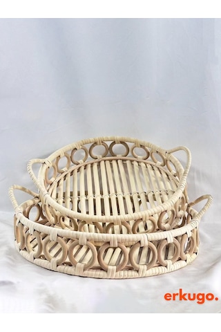 2 Adet %100 El Yapımı Tepsi, Doğal Rattan Tepsi, Sunum Tepsisi Bh24494 Rattan