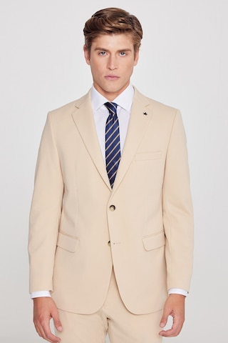 Erkek Bej Slim Fit Dar Kesim Mono Yaka Beli Bağlamalı Kapak Cepli Esnek Takım Elbise Bej