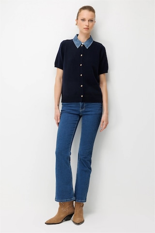 On Kadın Denim Detaylı Kısa Kollu Triko Hırka 10509 Lacivert
