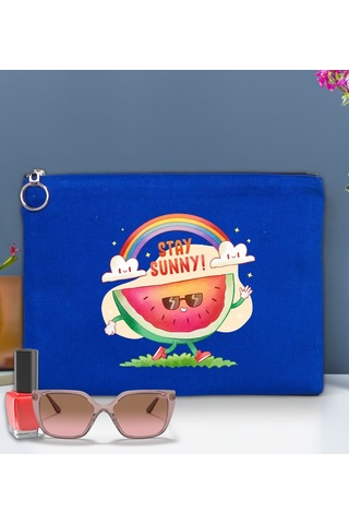 Bk Gift Yaz Temalı-7 Astarlı Mavi Portföy Çanta 30x21cm, Baskılı El Çantası, Organizer Çanta