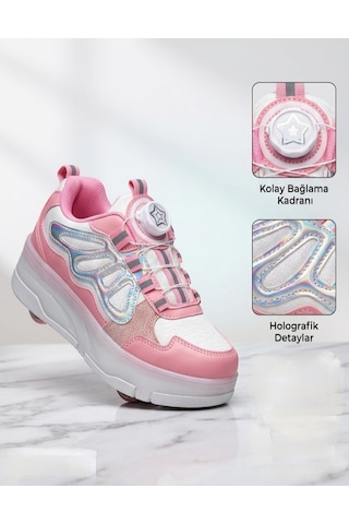 Kız Çocuk Patenli Kaykay Tekerlekli Işıklı Rahat Spor Ayakkabı¥i Model Hologramlı Koyu Pembe