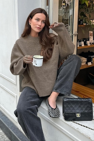 Madmext Madmext Bisiklet Yaka Oversize Triko Kazak MG1972 Vizon