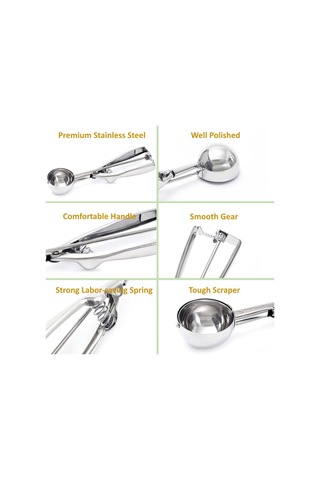 Honmex 3'lü Gıda Grade Paslanmaz Çelik Çıkartma Kolu İçe Kreması-kurabiye-meatball Toplama Kaşıkları Seti Gümüş