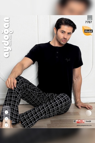 Aydoğan Erkek Civan Modal Kısa Kol Siyah Pijama Takım 7707 Siyah