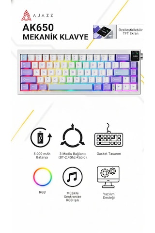Ak650 Tft Ekranlı 3 Modlu Mekanik Oyun Klavyesi-5.000 Mah Batarya-gasket Tasarım - Purple White