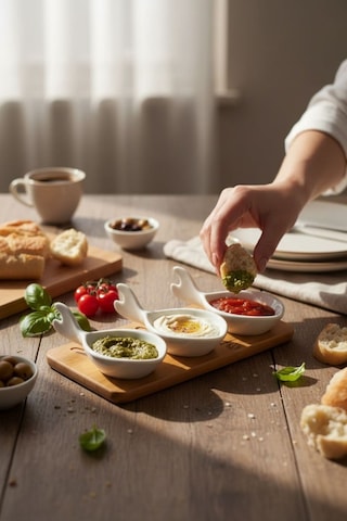 3 Lü Porselen Sosluk & Mezelik Seti Bambu Sunum Tahtalı Şık Servis Seti Çok Renkli