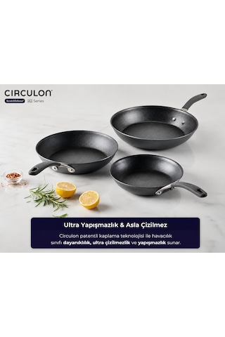 Circulon Çizilmez Yapışmaz 3'lü Kızartma Tava Seti - 22cm, 26cm, 28cm Siyah