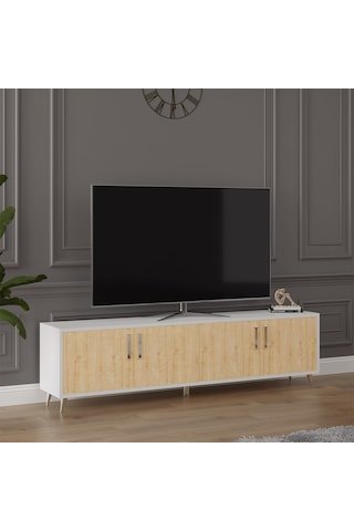 Asra Trend Tv Ünitesi T-02 %100 MDF 160 cm Tv Sehpası 4 Kapaklı Raflı Beyaz-Safir Meşe