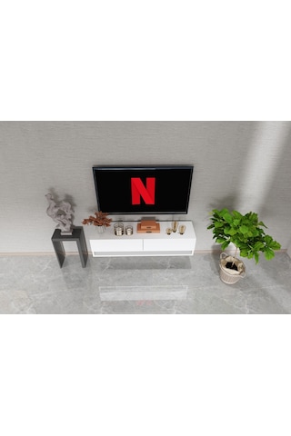 Beyaz Dekoratif Tv Ünitesi -tv Sehpası Duvara Monte