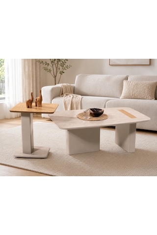 Ganni Home Venedik Orta-zigon Sehpa Seti Traverten Meşe Gri, 2 Li Modern Sehpa Takımı