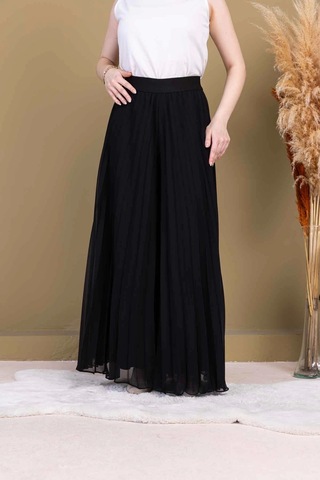 Lodmela Beli Lastikli Pliseli Şifon Pantolon 6030-siyah Siyah
