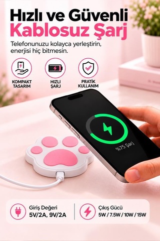 Torima Kablosuz Şarj Cihazı Kedi Patisi Görünümlü 15w Hızlı Şarj Pad Mc07 Beyaz 1 Adet