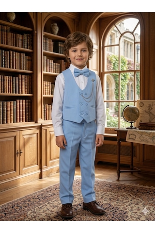 Baby Kids Colors Erkek Çocuk Smokin Takım Elbise 6 Düğmeli Yelekli Papyonlu Zincirli 4'lü Takım Mavi