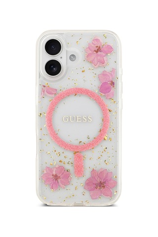 Apple Uyumlu iPhone 17 Kılıf Guess Lisanslı M-safe Özellikli Transparan Resin Flowers Kapak Pembe Pembe