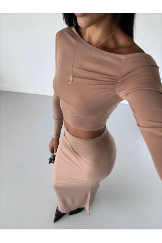 Trendhazan Dar-slim Kalıp Bluz - Etek İkili Takım Açık Kahverengi