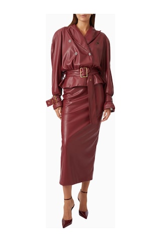 Rowen Rose Belted Maxi Skirt, Lüks Eco Leather Kuşaklı Ve Yırtmaçlı Deri Etek Koyu Kırmızı