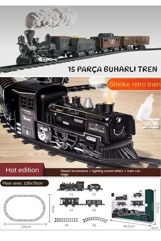 Oyuncak Işıklı Ve Sesli Buhar Çıkartan 15 Parça Tren Seti