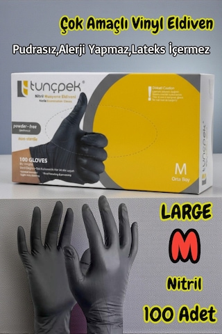 Tunçpek Nitril Pudrasız Kuaför Ve Muayene Eldiveni Medium Siyah 100 Adet-m