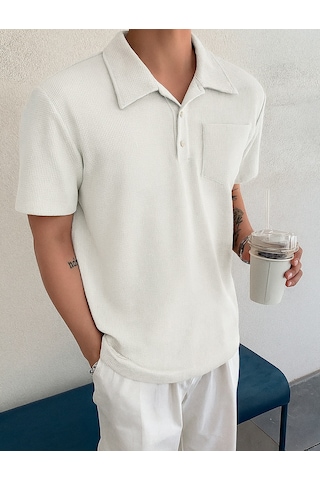 Genius Store Erkek Oversize Polo Yaka Waffle T-shirt Poloyaka-düğmeli Beyaz