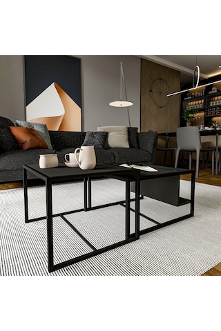 Batı 2 Li Modern Orta Sehpa Takımı Metal Ayaklı, Alt Raflı Antrasit