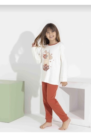 Kız Çocuk Baskılı Uzun Kollu Pijama Takımı Sevimli Ev Giyimi-8408- Kiremit