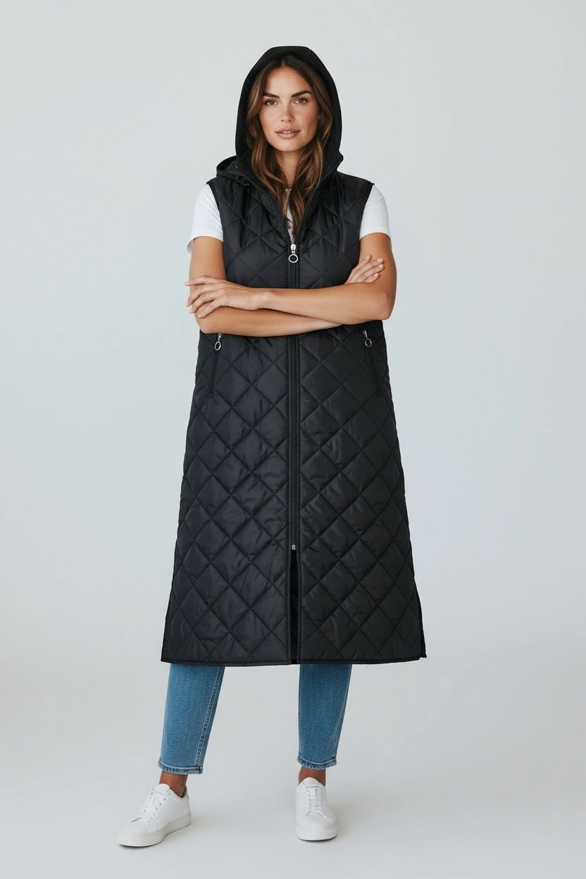 Kadın Önü Fermuarlı Yanlardan Cepli Kapüşonlu Kapitone Yelek Beyaz Siyah