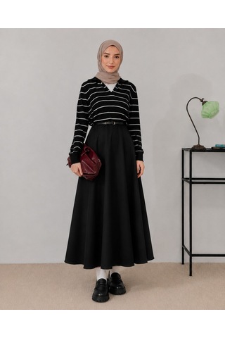 Unika Boutique Kadın Scuba Beli Lastikli Kloş Etek siyah