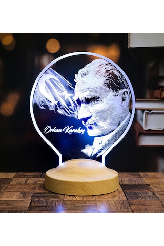 Kişiye Özel İsimli Mustafa Kemal Atatürk Görseli Led Lamba + Türk Bayrağı 