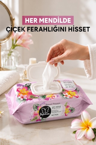 Papilion 90 Yaprak Çiçek Tutkusu Kokulu Islak Mendil 90'lı Paket Ekstra Yumuşak Alkolsüz Ph Dengeli Multivitamin Formüllü Tekli