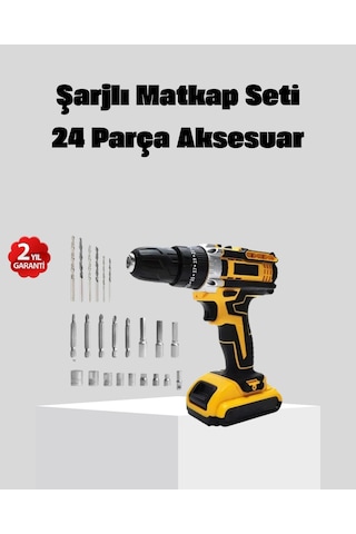 Mey İthalat 24 Parça Çift Bataryalı Akülü Darbeli Matkap Güçlü Motor, Metal Dişli, Led Işıklı