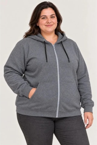 Butik İstanbul Battal Büyük Beden Üç İplik İçi Şardonlu Kapüşonlu Tam Fermuarlı Kışlık Sweatshirt - Füme