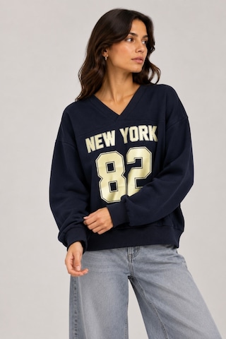 Vadon 1046 Kadın V Yaka New York Baskılı 3 İplik Pamuklu Sweatshirt Lacivert