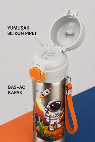 Siply Desenli Paslanmaz Çelik Okul Matarası 600ml Pembe Beyaz Turuncu