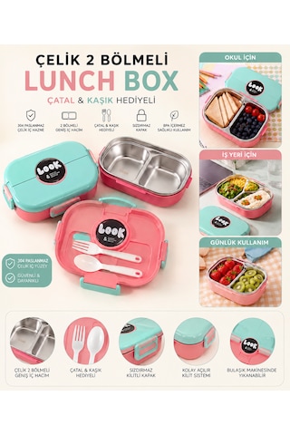 Muzeko Lunch Box 2 Bölmeli Paslanmaz Çelik Yemek Kabı Sızdırmaz Kapaklı, Taşınabilir Beslenme Kabı Çatak Kaşık Hediyeli 6204 Pembe 1000ml Açık Pembe - Yeşil