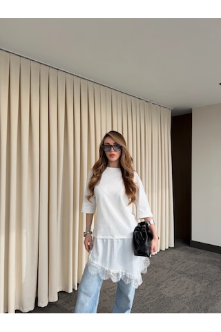 Laluvia Beyaz Asimetrik Dantelli Bluz - 0771 Beyaz