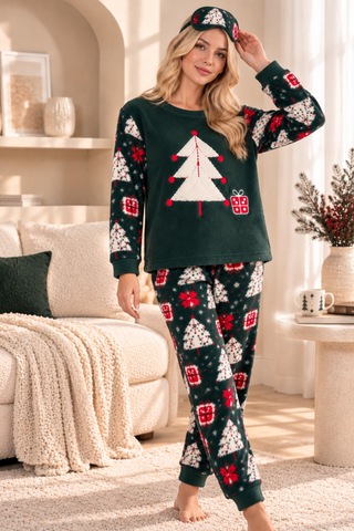 Free Beka Yılbaşı Desenli Kalın Sıcak Tutan Kumaş Kadın Pijama Takımı Ve Göz Bnadı Yeşil