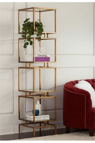 Olope Pirinç Eskitme Metal 4 Raflı Kitaplık Çiçeklik Gümüşlük Duvar Rafı