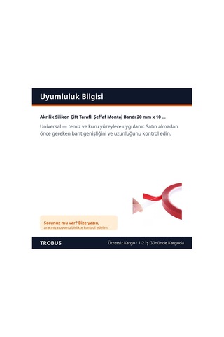 Trobus Akrilik Silikon Çift Taraflı Şeffaf Montaj Bandı 20 Mm X 10 Metre