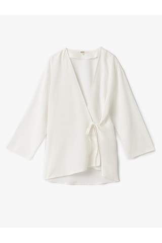 Koton Keten Karışımlı Uzun Geniş Kollu Kruvaze Kimono Kırık Beyaz 5sak60007pw Ekru