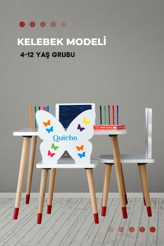 Liva Ahşap Çocuk Aktivite Oyun Ve Ders Çalışma 1 Masa 2 Sandalye Takımı 2-6 Yaş Kelebekli -tablet Yeri Beyaz