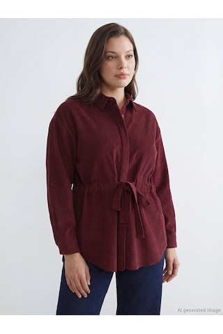 Lcwaıkıkı Classic Bordo Beli Kuşaklı Kadın Kadife Gömlek Tunik