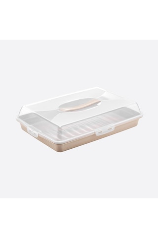 Flosoft Dikdörtgen Kek Pasta Börek Saklama Kabı Kilitli Borcam Taşıma Kabı Büyük Boy 45 Cm Kahve