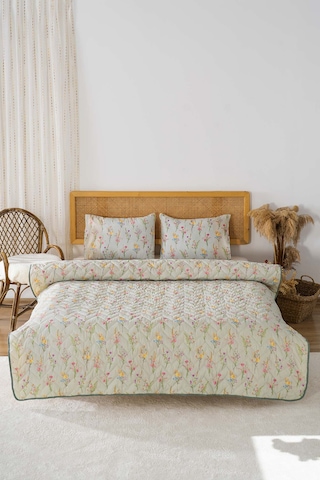 Begonvil Çift Kişilik Pamuklu Kapitone Pike & Yatak Örtüsü Yeşil