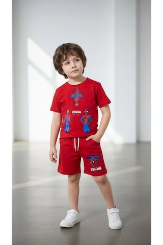 Miniko Kids Erkek Çocuk Spiderman Örümcek Adam Modelli Pamuk Şortlu Takım Kırmızı