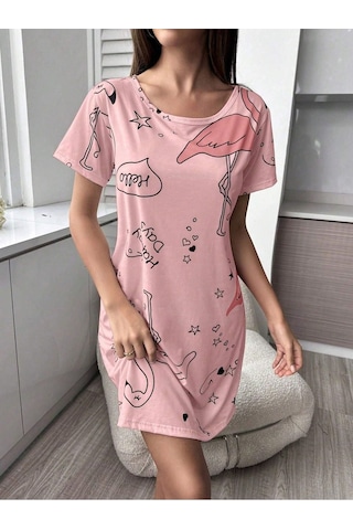 Bella Notte Pembe Baskılı Kısa Kollu Göz Bandı Hediyeli Pijama Takımı