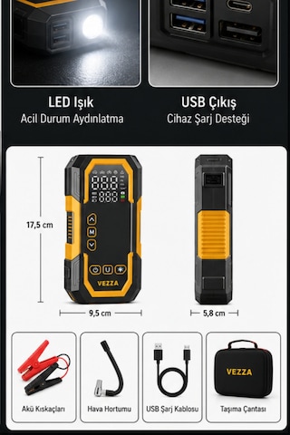 4'ü 1 Arada 90w Şarjlı Akü Ateşleyici Lastik Şişirici Powerbank Led Işık 150psi Yüksek Basınçlı